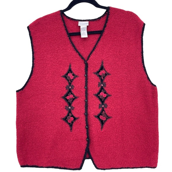 Koret Jackets & Blazers - Koret Red Boucle Knit Vest L Vintage 90s Floral Ribbon Applique Beaded Diamond